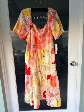 London Times Floral Linen Blend Tiered Midi Dress Size XL